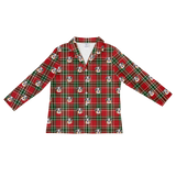 This is a long sleeve button-down pajama shirt in a Christmas Plaid print with repeating pet faces on it[ChristmasPlaidLongSleevePajamaShirt]