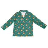 This is a long sleeve button-down pajama shirt in a Green Paws print with repeating pet faces on it[GreenPawsLongSleevePajamaShirt]