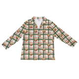 This is a long sleeve button-down pajama shirt in a Light Christmas Flannel print with repeating pet faces on it[LightChristmasFlannelLongSleevePajamaShirt]
