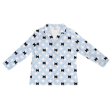 This is a long sleeve button-down pajama shirt in a Snowy Gingham print with repeating pet faces on it[SnowyGinghamLongSleevePajamaShirt]
