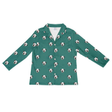 This is a long sleeve button-down pajama shirt in a Solid Green print with repeating pet faces on it[SolidGreenLongSleevePajamaShirt]