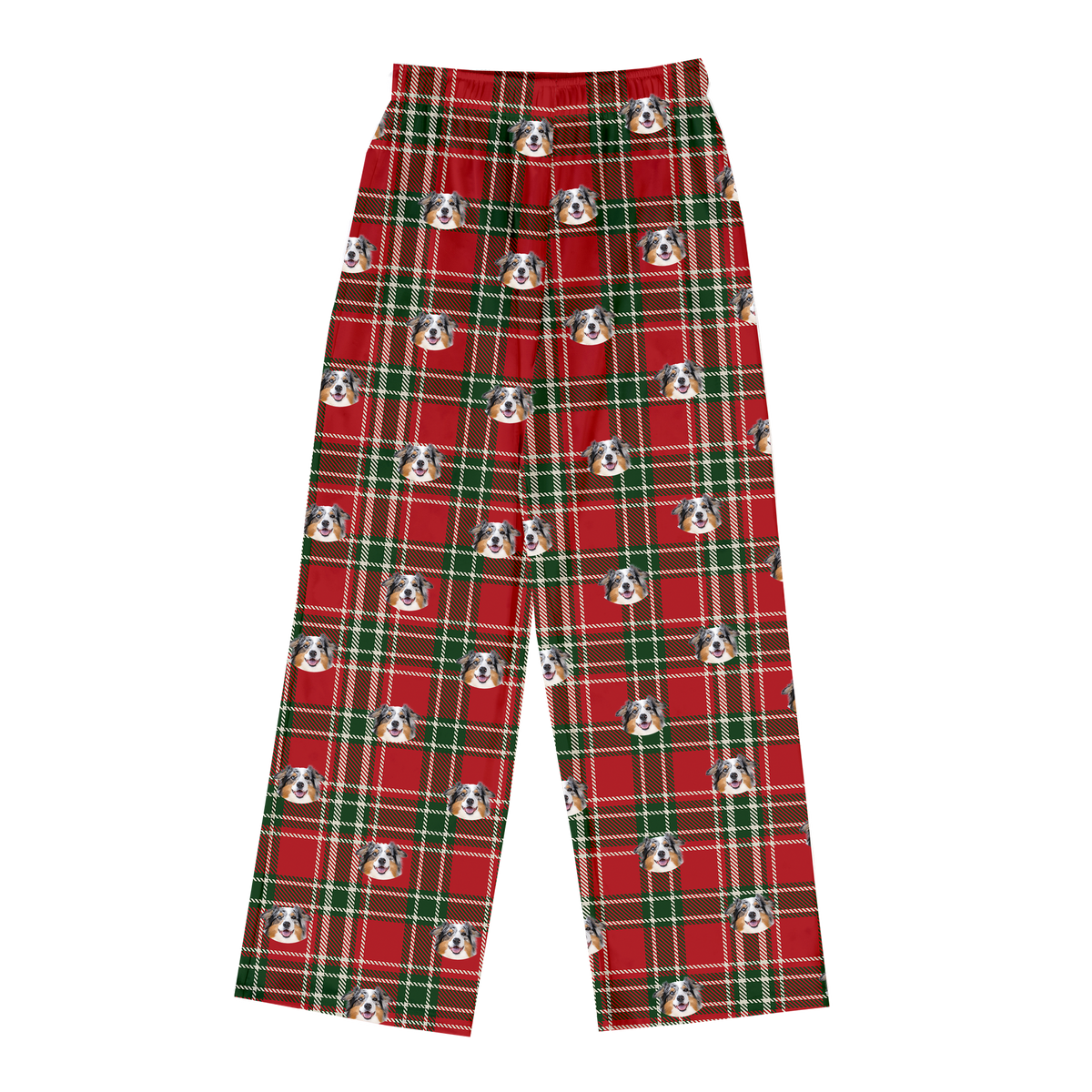 These are pajama pants in a Christmas Plaid print with repeating pet faces on them[ChristmasPlaidPajamaPants]