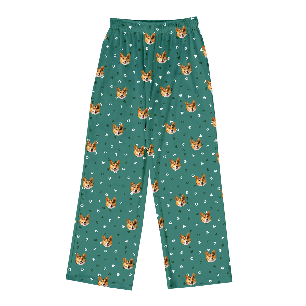 These are pajama pants in a Green Paws print with repeating pet faces on them[GreenPawsPajamaPants]