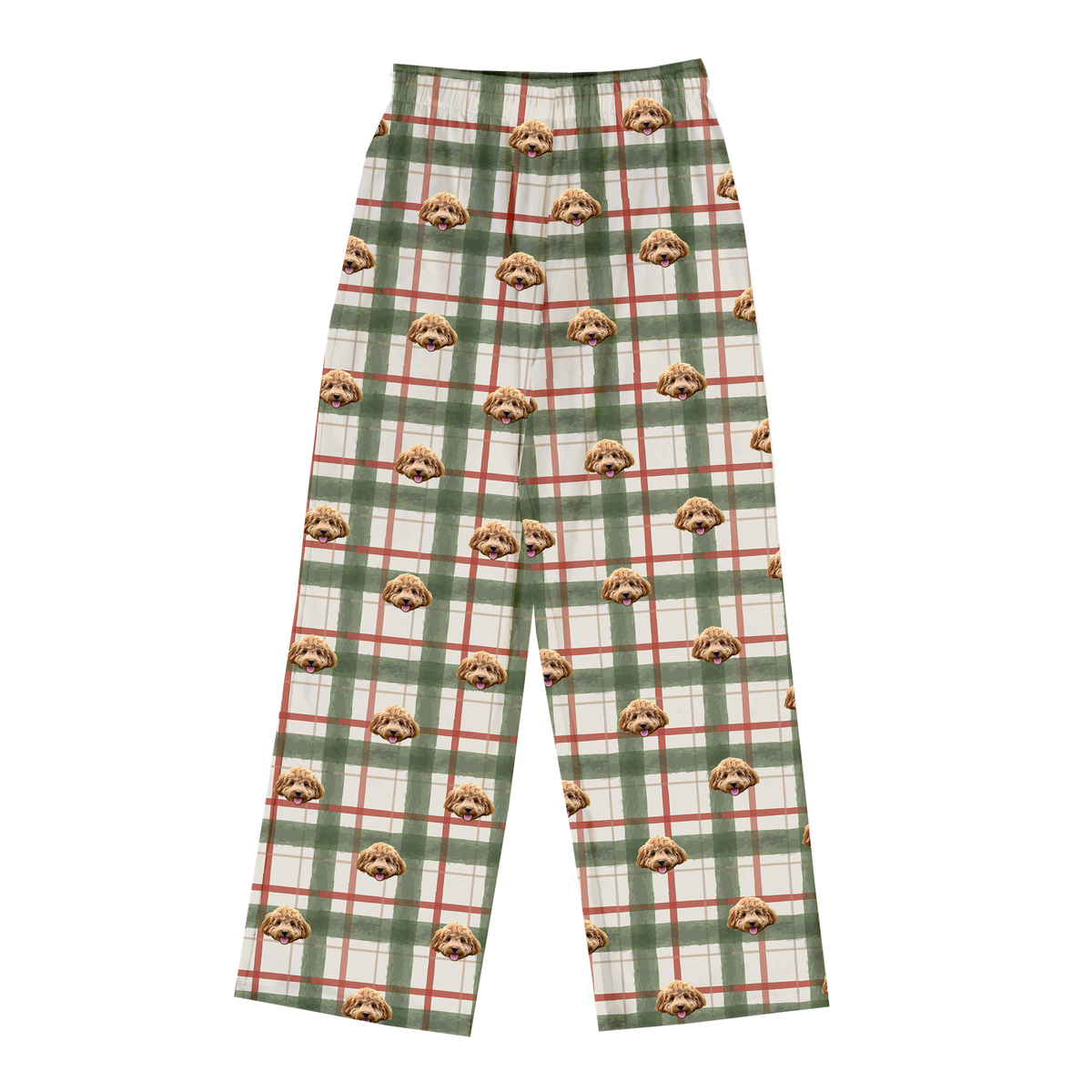 These are pajama pants in a Light Christmas Flannel print with repeating pet faces on them[LightChristmasFlannelPajamaPants]