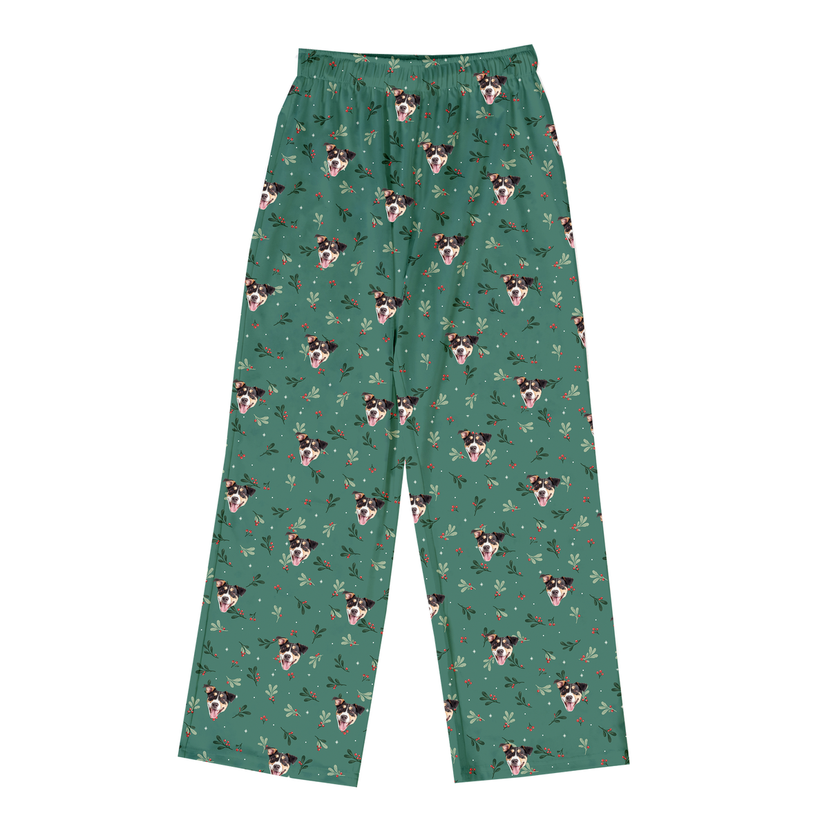 These are pajama pants in a Mistletoe print with repeating pet faces on them[MistletoePajamaPants]