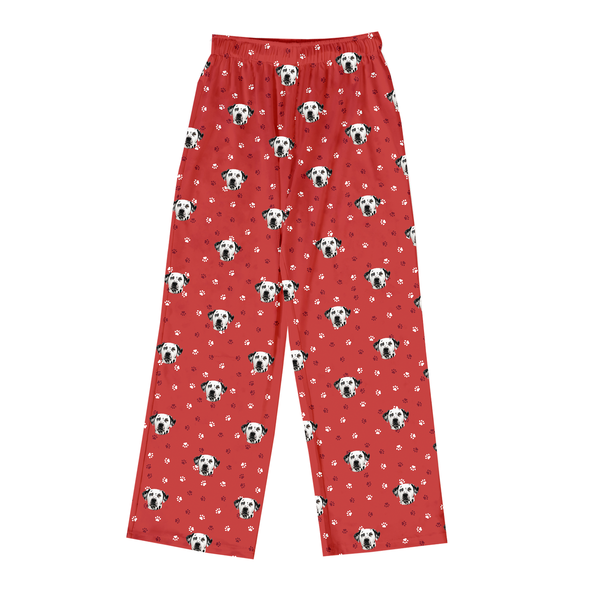 These are pajama pants in a Red Paws print with repeating pet faces on them[RedPawsPajamaPants]