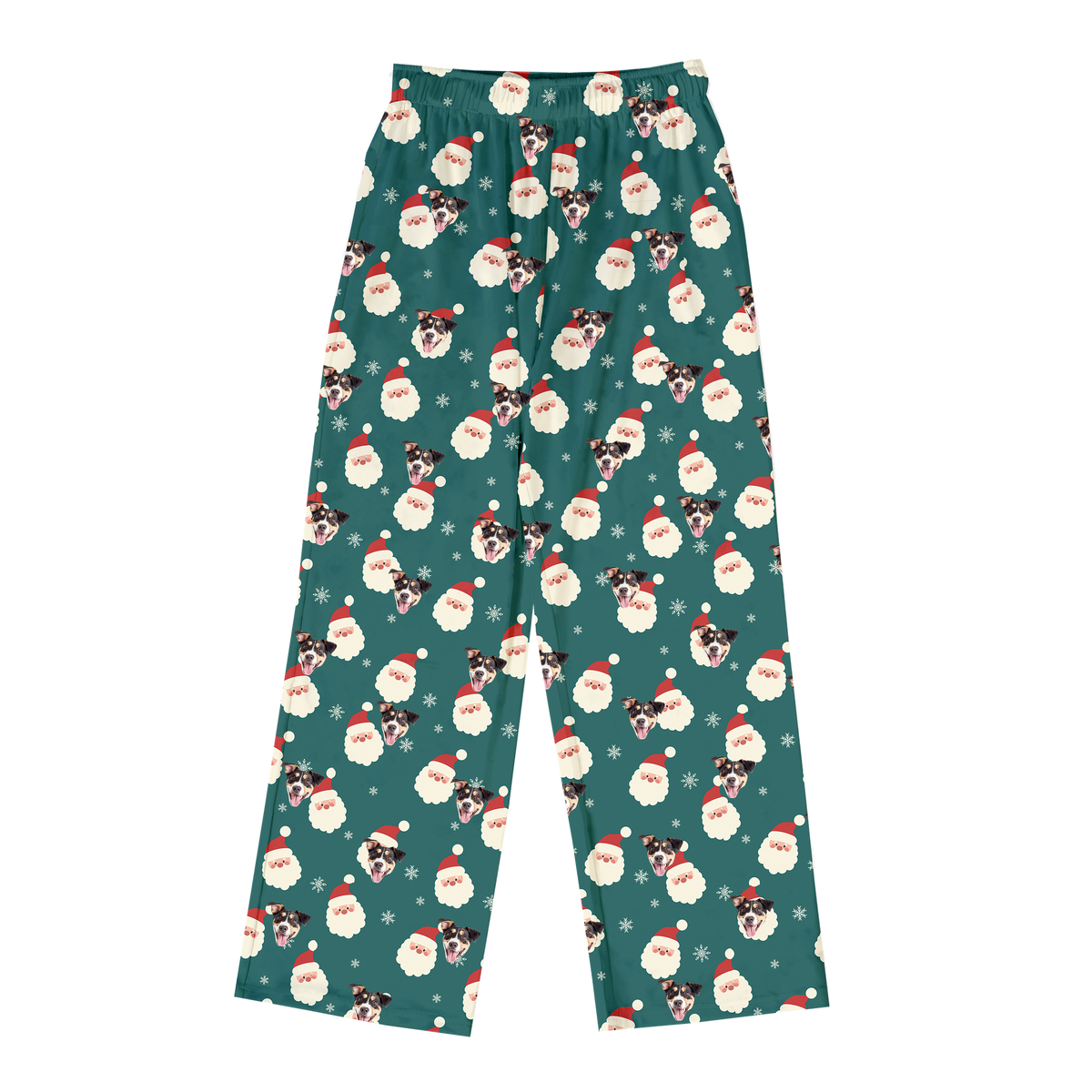 These are pajama pants in a Santa print with repeating pet faces on them[SantaPajamaPants]