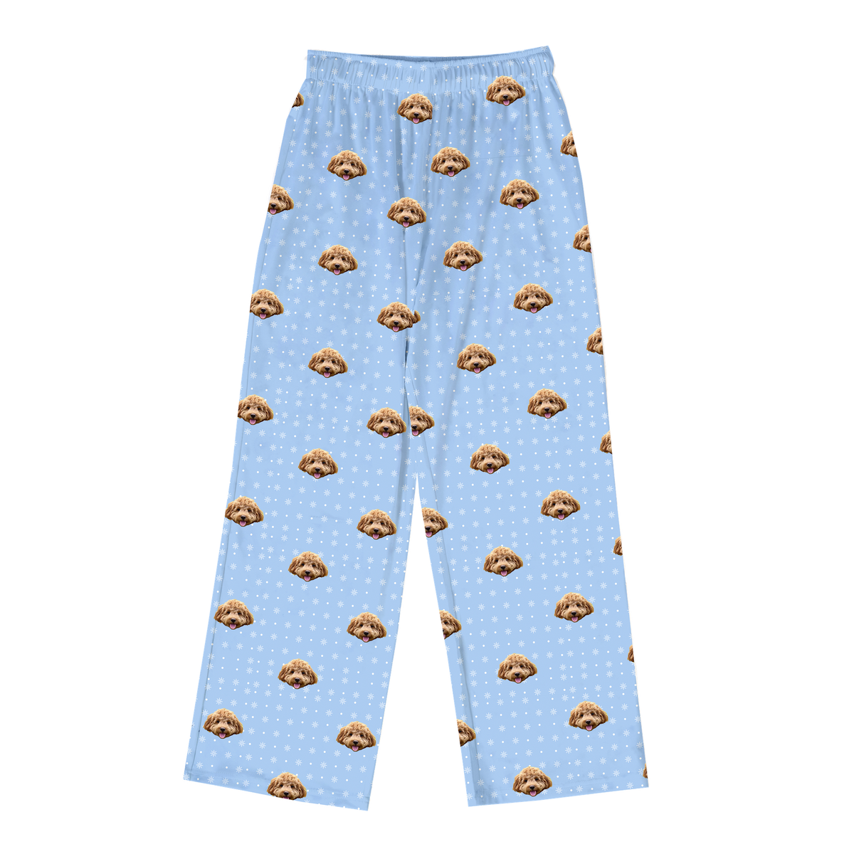These are pajama pants in a Snowflakes print with repeating pet faces on them[SnowflakesPajamaPants]