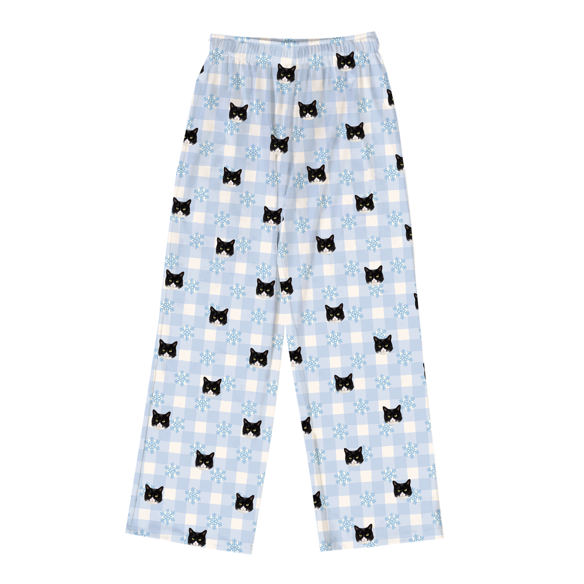 These are pajama pants in a Snowy Gingham print with repeating pet faces on them[SnowyGinghamPajamaPants]