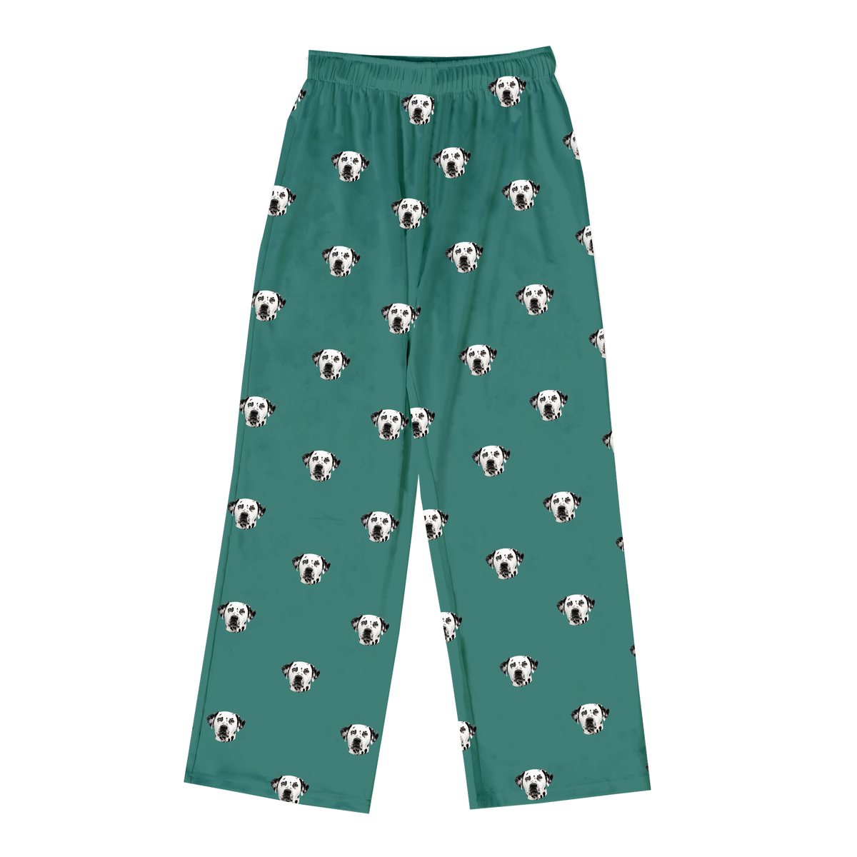 These are pajama pants in a Solid Green print with repeating pet faces on them[SolidGreenPajamaPants]