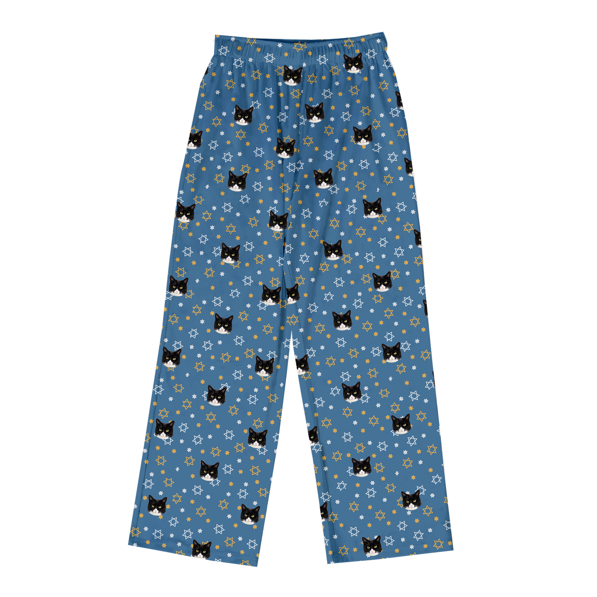 These are pajama pants in a Star of David print with repeating pet faces on them[StarofDavidPajamaPants]