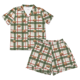 This is a Light Christmas Flannel print pajama set with a short sleeve button-down shirt and pajama shorts covered in repeating pet faces[LightChristmasFlannelShortSleevePajamaShirt&ShortsSet]