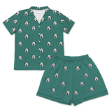 This is a Solid Green print pajama set with a short sleeve button-down shirt and pajama shorts covered in repeating pet faces[SolidGreenShortSleevePajamaShirt&ShortsSet]