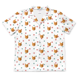 This is a short sleeve button-down pajama shirt in a Christmas Paws print with repeating pet faces on it[ChristmasPawsShortSleevePajamaShirt]