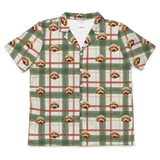 This is a short sleeve button-down pajama shirt in a Light Christmas Flannel print with repeating pet faces on it[LightChristmasFlannelShortSleevePajamaShirt]