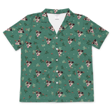 This is a short sleeve button-down pajama shirt in a Mistletoe print with repeating pet faces on it[MistletoeShortSleevePajamaShirt]