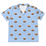 This is a short sleeve button-down pajama shirt in a Snowflakes print with repeating pet faces on it[SnowflakesShortSleevePajamaShirt]