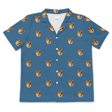 This is a short sleeve button-down pajama shirt in a Solid Blue print with repeating pet faces on it[SolidBlueShortSleevePajamaShirt]