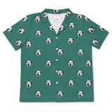 This is a short sleeve button-down pajama shirt in a Solid Green print with repeating pet faces on it[SolidGreenShortSleevePajamaShirt]