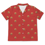 This is a short sleeve button-down pajama shirt in a Solid Red print with repeating pet faces on it[SolidRedShortSleevePajamaShirt]
