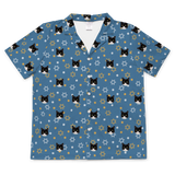 This is a short sleeve button-down pajama shirt in a Star of David print with repeating pet faces on it[StarofDavidShortSleevePajamaShirt]