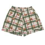 These are pajama shorts in a Light Christmas Flannel print with repeating pet faces on them[LightChristmasFlannelPajamaShorts]