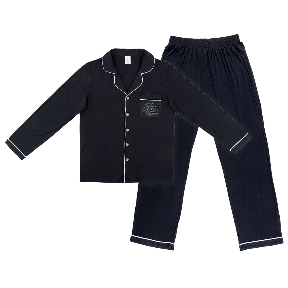 Premium women’s bamboo pajama set in black which contains a long sleeve shirt with buttons and a long pants. Custom pet portrait on the chest pocket