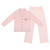 Premium women’s bamboo pajama set in light pink which contains a long sleeve shirt with buttons and a long pants. Custom pet portrait on the chest pocket[LightPinkLongPajamaSet(Shirt&Pants)]