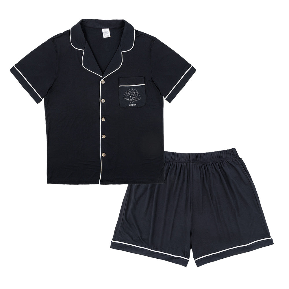 Premium women’s bamboo pajama set in black which contains a short sleeve shirt with buttons and a short pajama. Custom pet portrait on the chest pocket