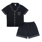 Premium women’s bamboo pajama set in black which contains a short sleeve shirt with buttons and a short pajama. Custom pet portrait on the chest pocket[BlackShortPajamaSet(Shirt&Shorts)]