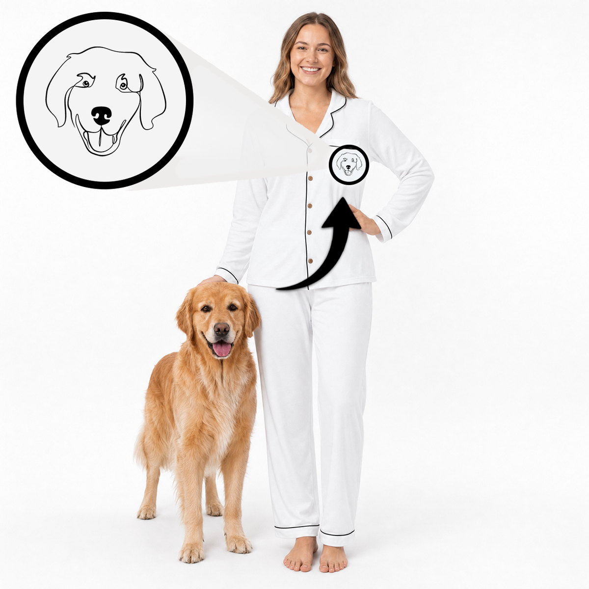 Woman in ivory bamboo pajamas with a custom line-art portrait of her pet