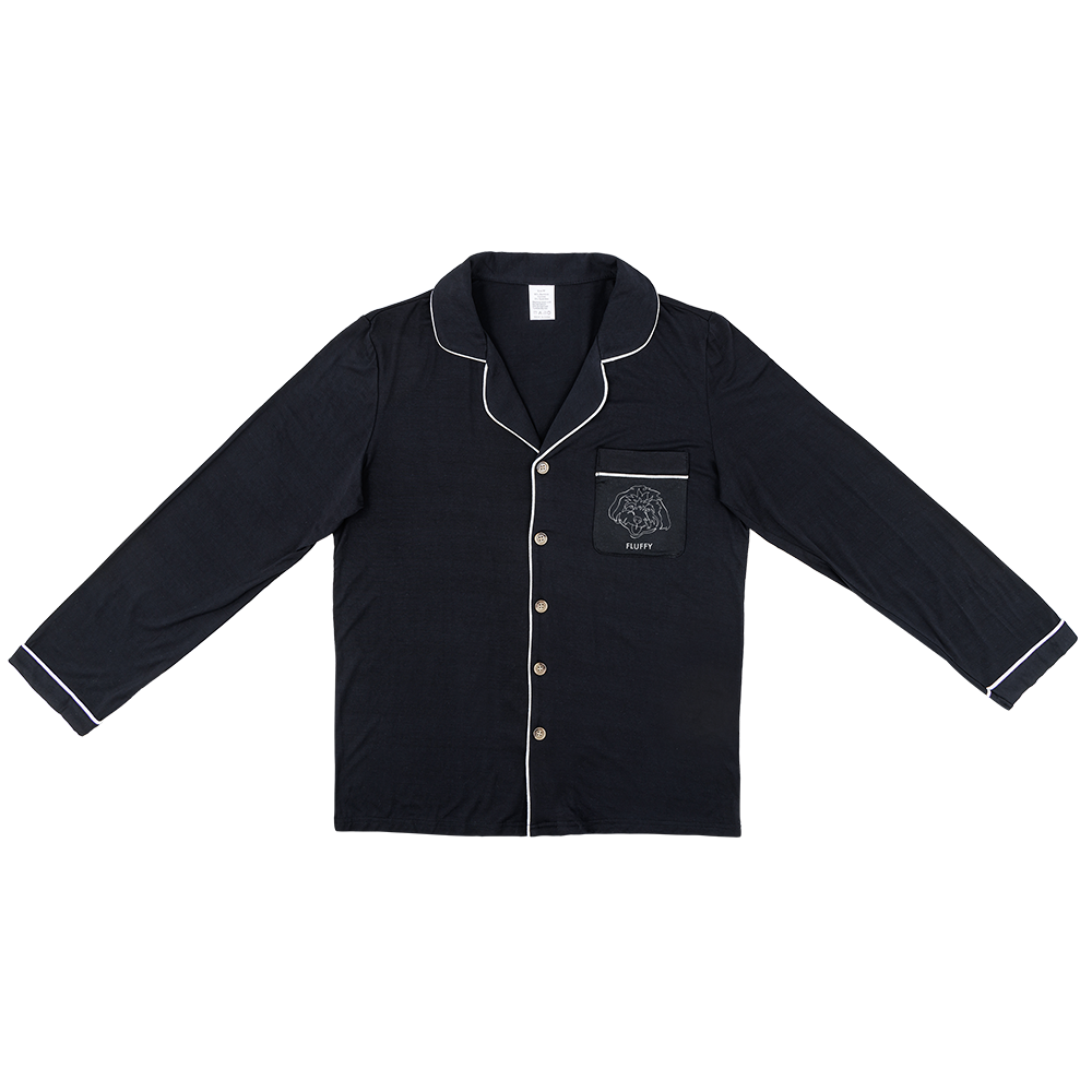 Premium women’s bamboo pajama in black which contains a long sleeve shirt with buttons. Custom pet portrait on the chest pocket