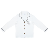 Premium women’s bamboo pajama in ivory which contains a long sleeve shirt with buttons. Custom pet portrait on the chest pocket