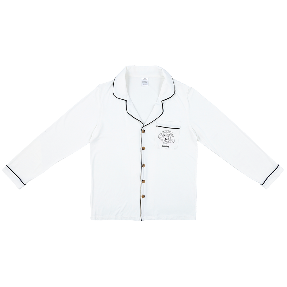 Premium women’s bamboo pajama in ivory which contains a long sleeve shirt with buttons. Custom pet portrait on the chest pocket