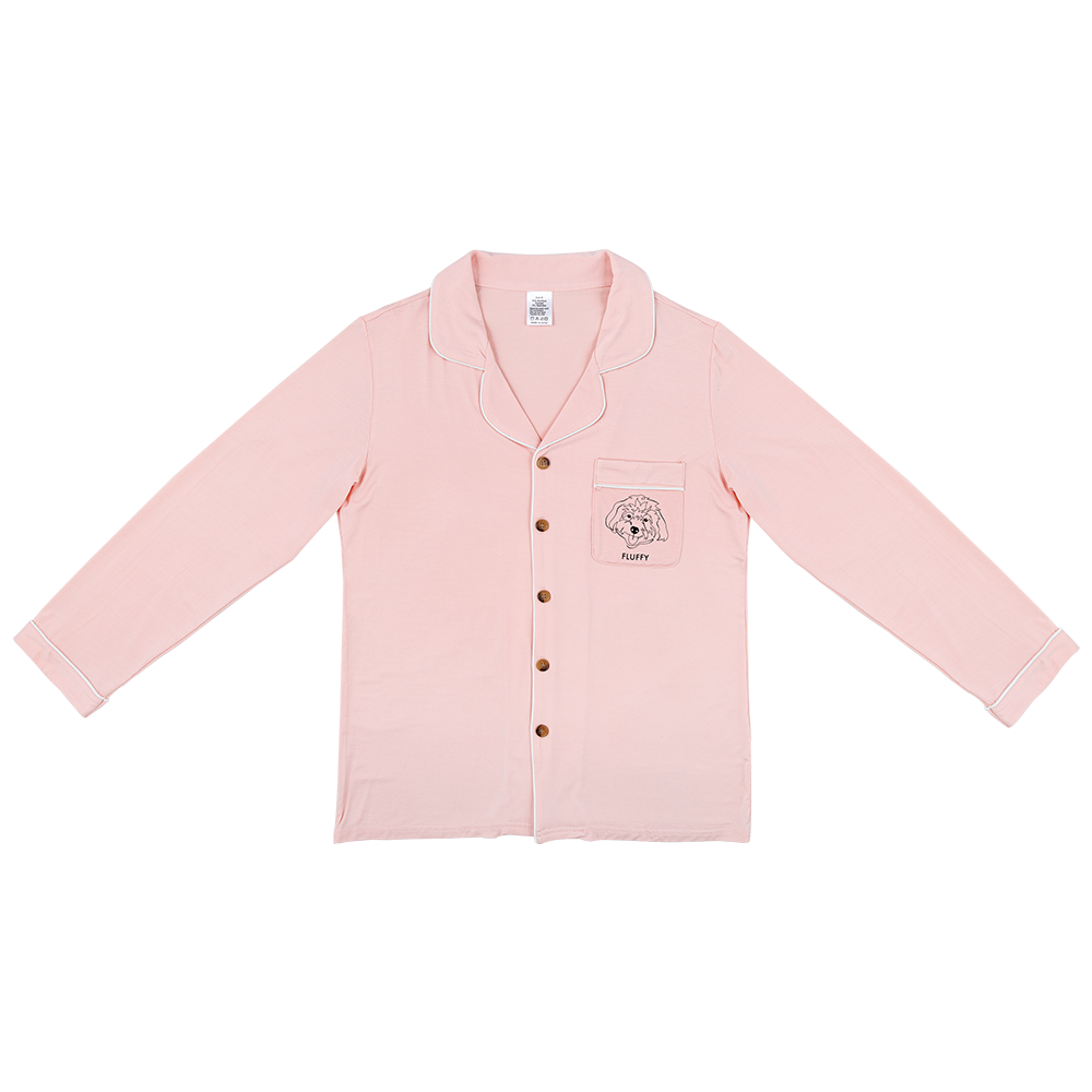 Premium women’s bamboo pajama in light pink which contains a long sleeve shirt with buttons. Custom pet portrait on the chest pocket[LightPinkLongPajamaShirt]
