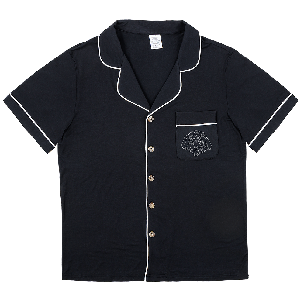 Premium women’s bamboo pajama short sleeve shirt with buttons in black. Custom pet portrait on the chest pocket