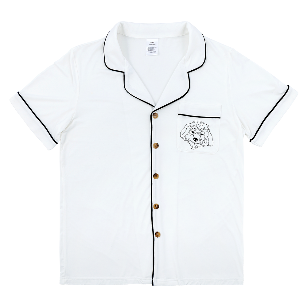 Premium women’s bamboo pajama short sleeve shirt with buttons in ivory. Custom pet portrait on the chest pocket