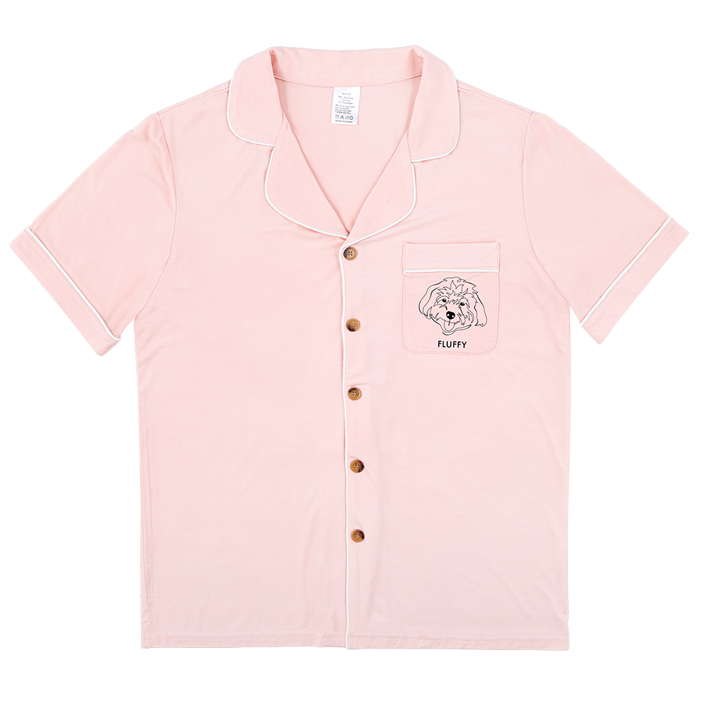 Premium women’s bamboo pajama short sleeve shirt with buttons in light pink. Custom pet portrait on the chest pocket