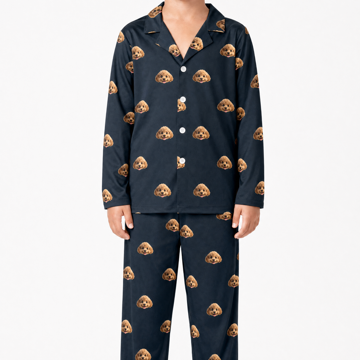 Black pajama set with dog pattern on a white background