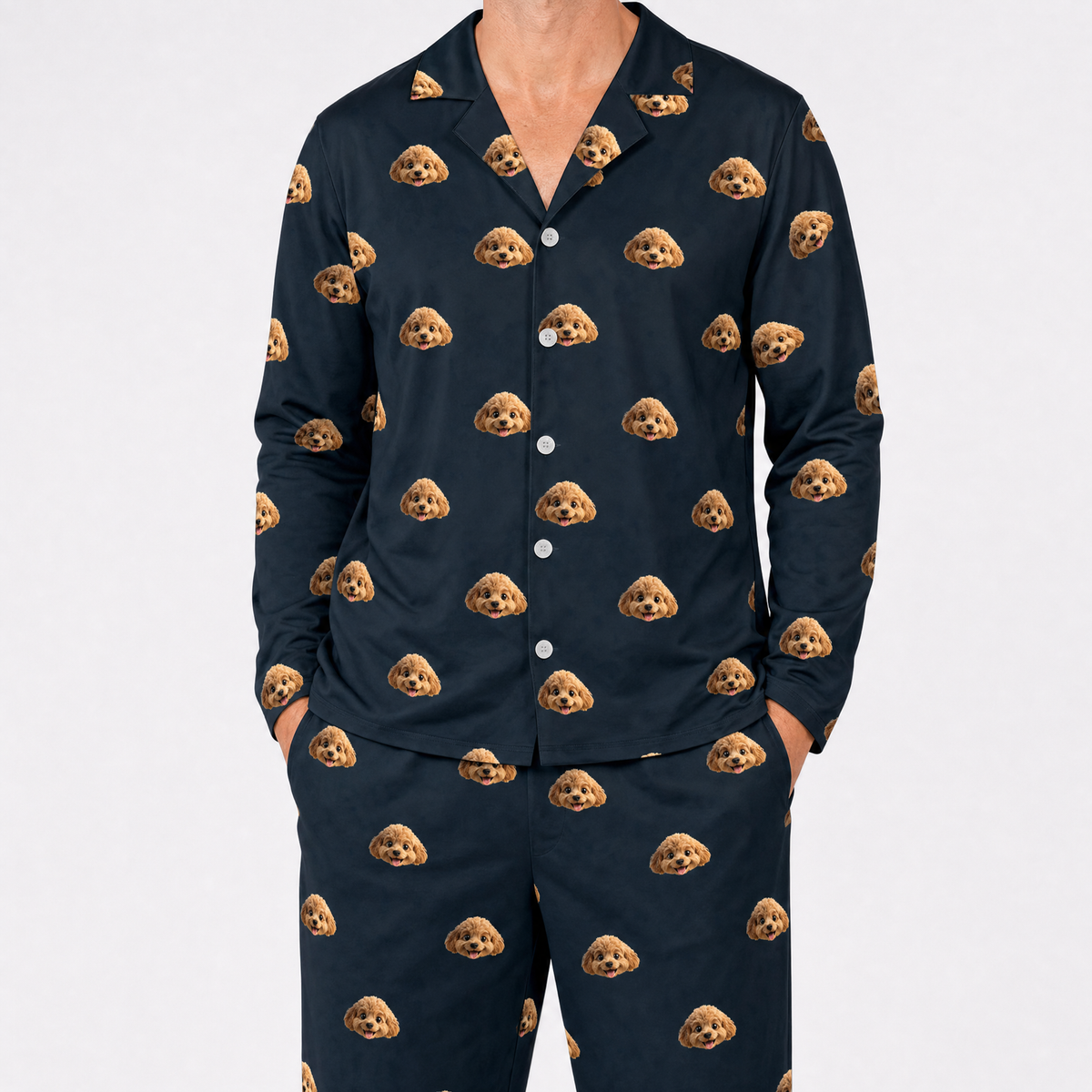 Black pajama set with dog pattern on a white background