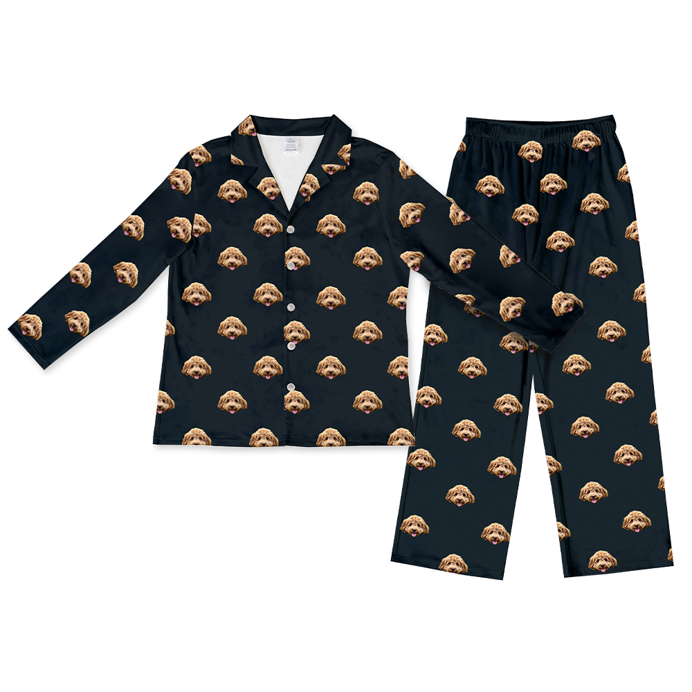 Black pajama set with dog pattern on a white background