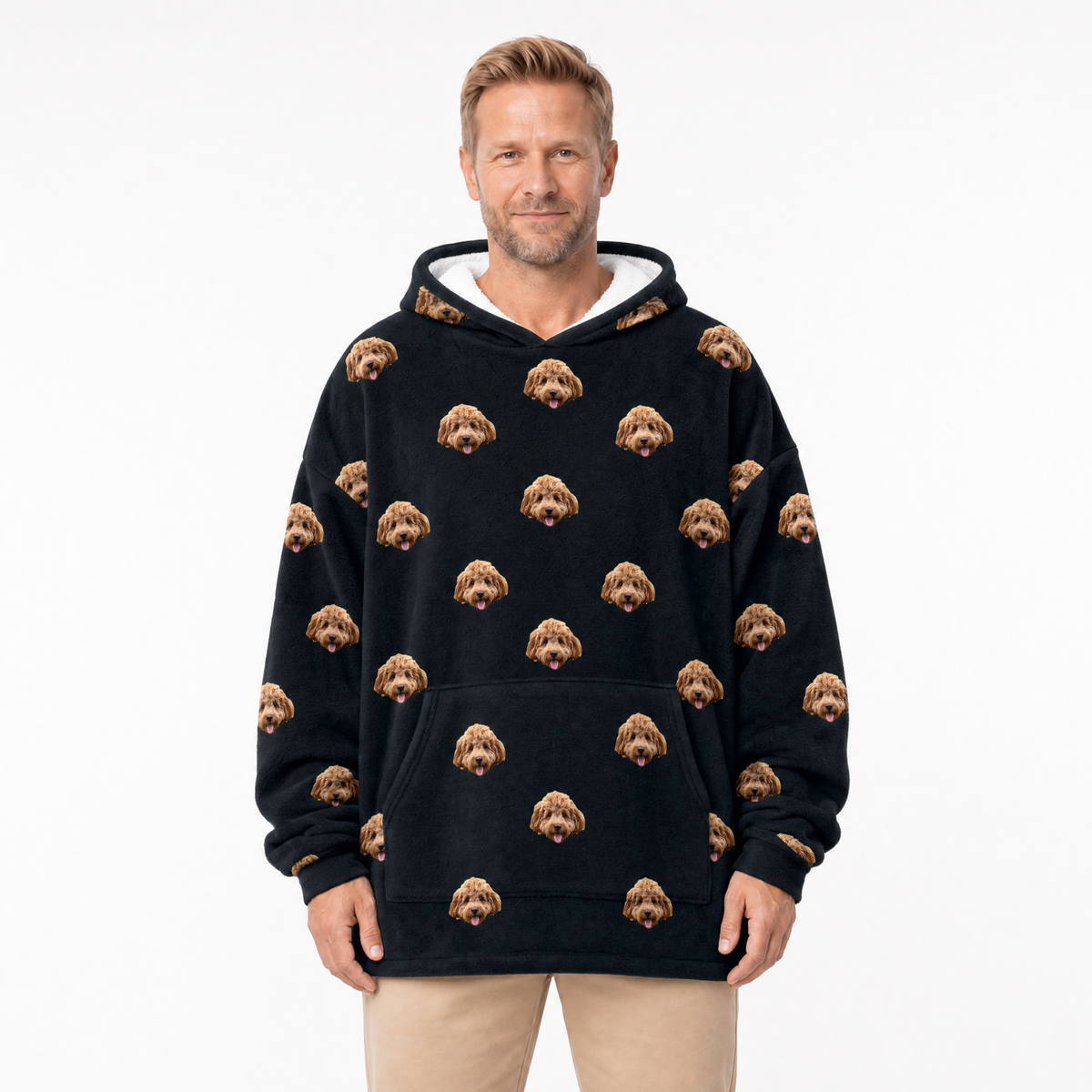 Adult Custom Pet Face Fleece Blanket Hoodie - Black