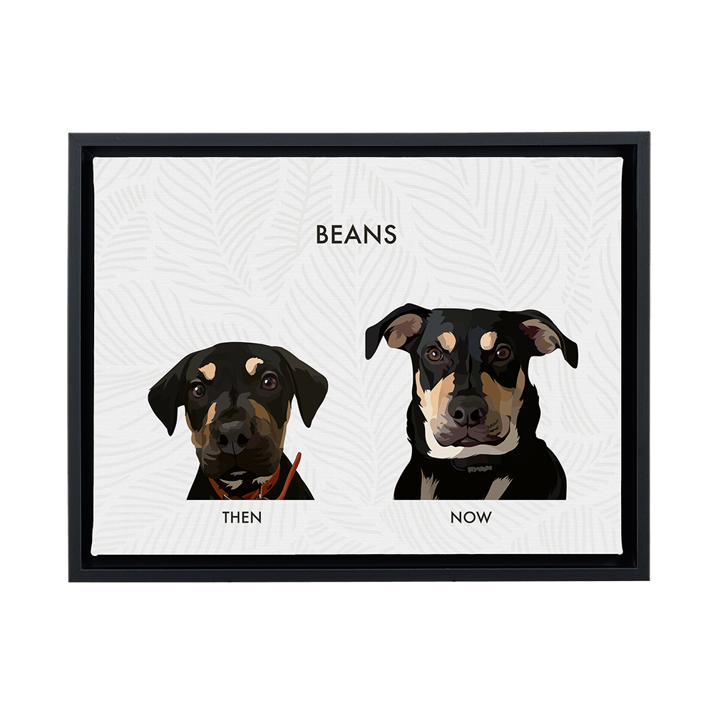 A horizontal canvas print with a black frame on a light gray background. The print has a white background with a faint repeating botanical/leaf pattern and features two digital portraits of a black and tan dog named "BEANS." The smaller, younger-looking portrait on the left is labeled "THEN," and the larger, adult portrait on the right is labeled "NOW."