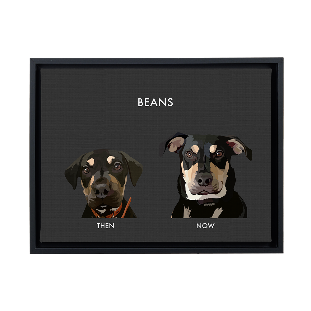 A rectangular canvas print with a black frame and a charcoal grey background. The print features two illustrations of a black and tan dog: a puppy on the left labeled "THEN," and an adult dog on the right labeled "NOW." The name "BEANS" is printed above the two portraits in white text.