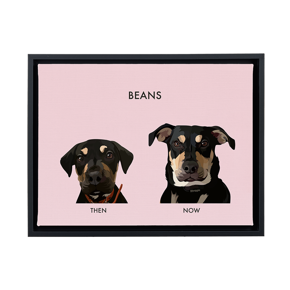 A horizontal canvas print with a black frame on a light gray background. The print has a dusty pink background and features two digital portraits of a black and tan dog named "BEANS." The smaller, younger-looking portrait on the left is labeled "THEN," and the larger, adult portrait on the right is labeled "NOW."
