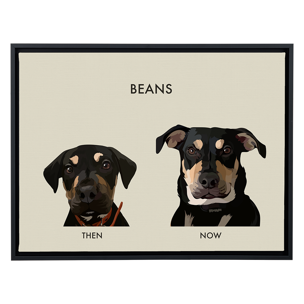 A large, horizontal canvas print with a black frame on a light gray background. The print has a solid beige background and features two digital portraits of a black and tan dog named "BEANS." The smaller, younger-looking portrait on the left is labeled "THEN," and the larger, adult portrait on the right is labeled "NOW."