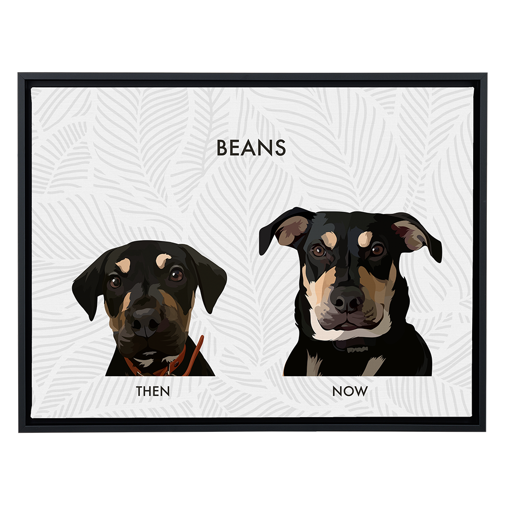 Framed artwork of a dog named 'Beans' showing 'Then' and 'Now' comparisons on a white background.