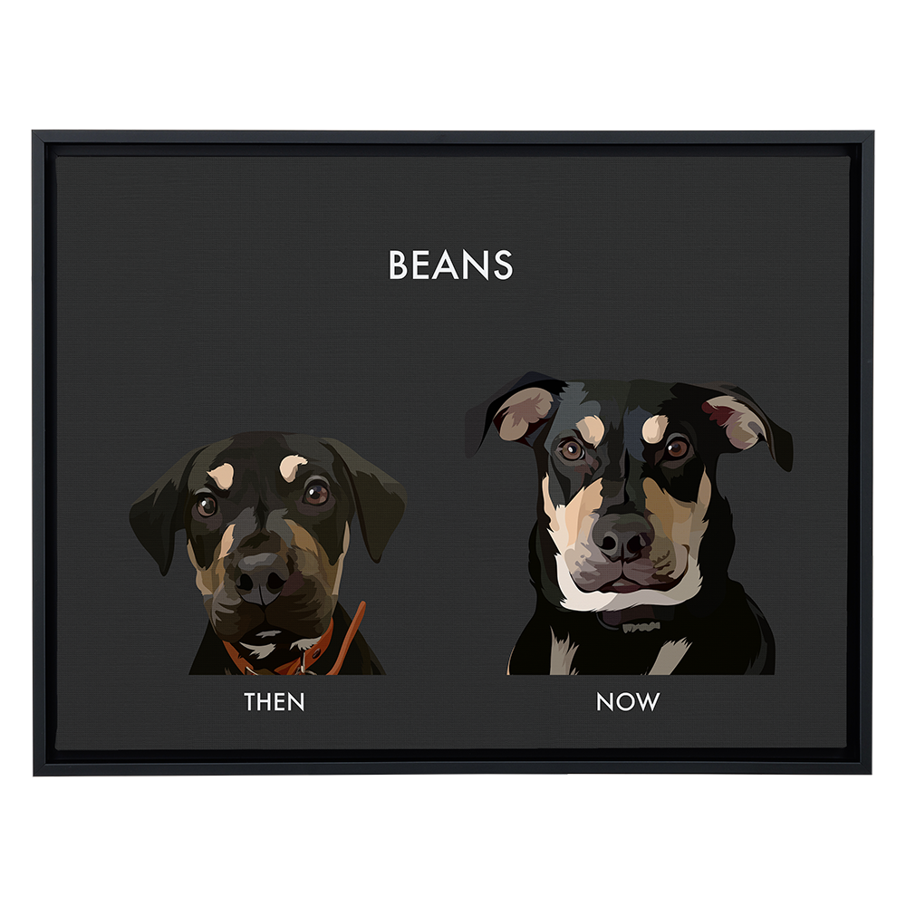 A large rectangular canvas print with a thick black frame and a charcoal grey background. The print features two digital illustrations of a black and tan dog: a puppy on the left labeled "THEN," and a grown-up dog on the right labeled "NOW." The dog's name, "BEANS," is centered above the two portraits in white text.
