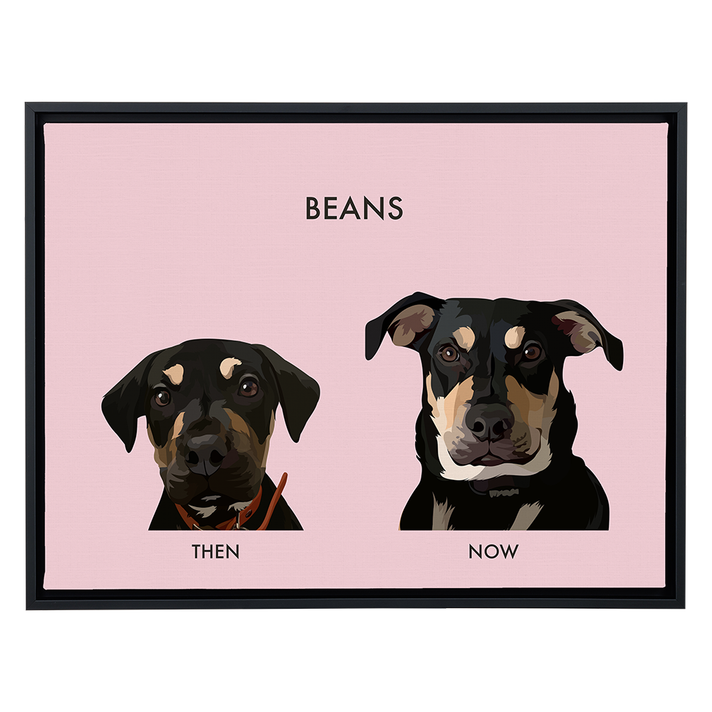 A large, horizontal canvas print with a black frame on a light gray background. The print has a dusty pink background and features two digital portraits of a black and tan dog named "BEANS." The smaller, younger-looking portrait on the left is labeled "THEN," and the larger, adult portrait on the right is labeled "NOW."