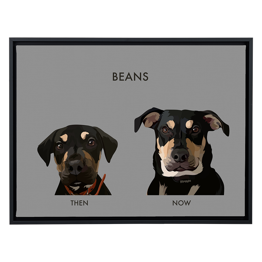 Framed artwork of two portraits of a dog labeled 'Then' and 'Now' on a gray background.